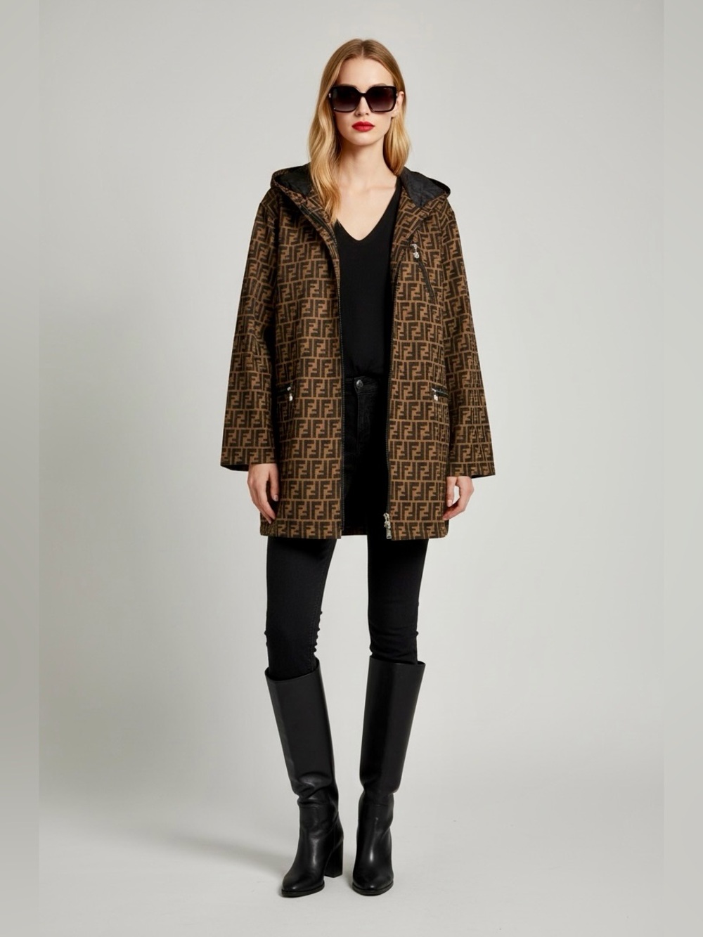 Fendi Reversible Brown Monogram Hooded Jacket with Black Trim
